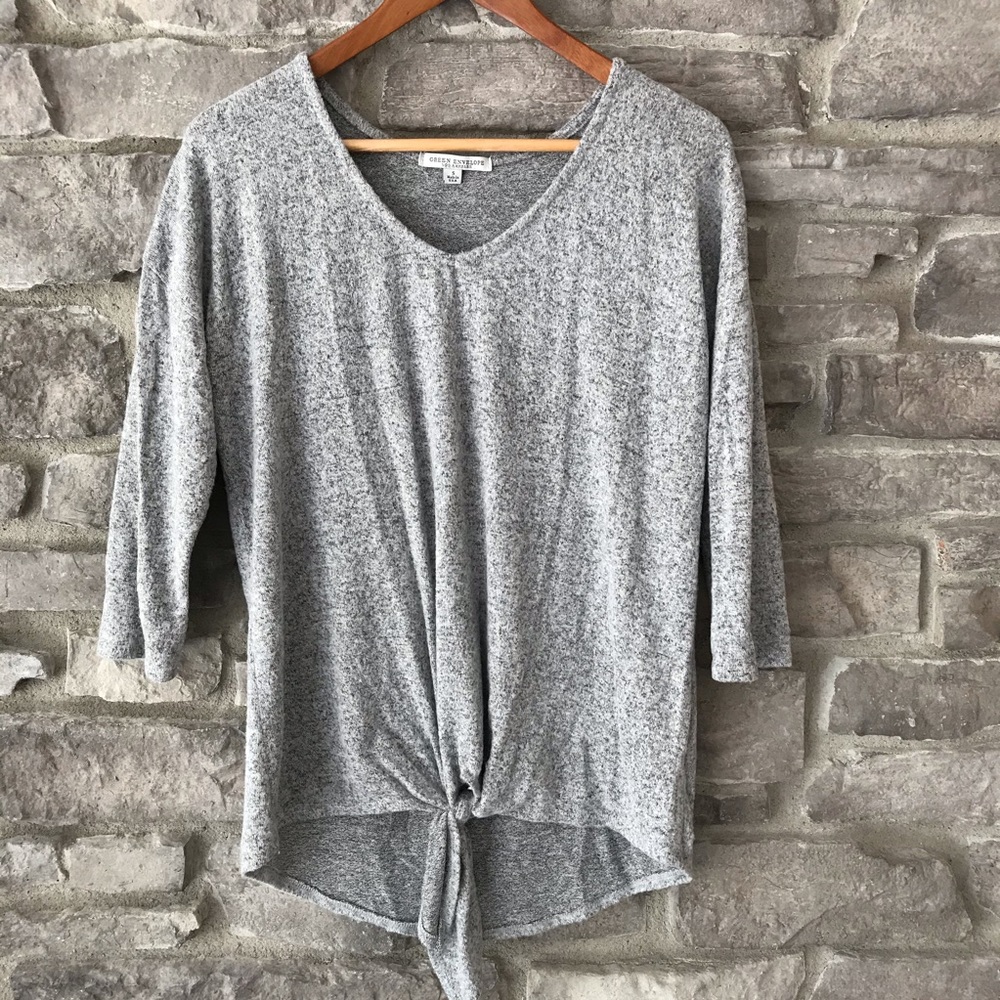 Green Envelope Size S Lightweight Tie-Front Heather Gray Sweater